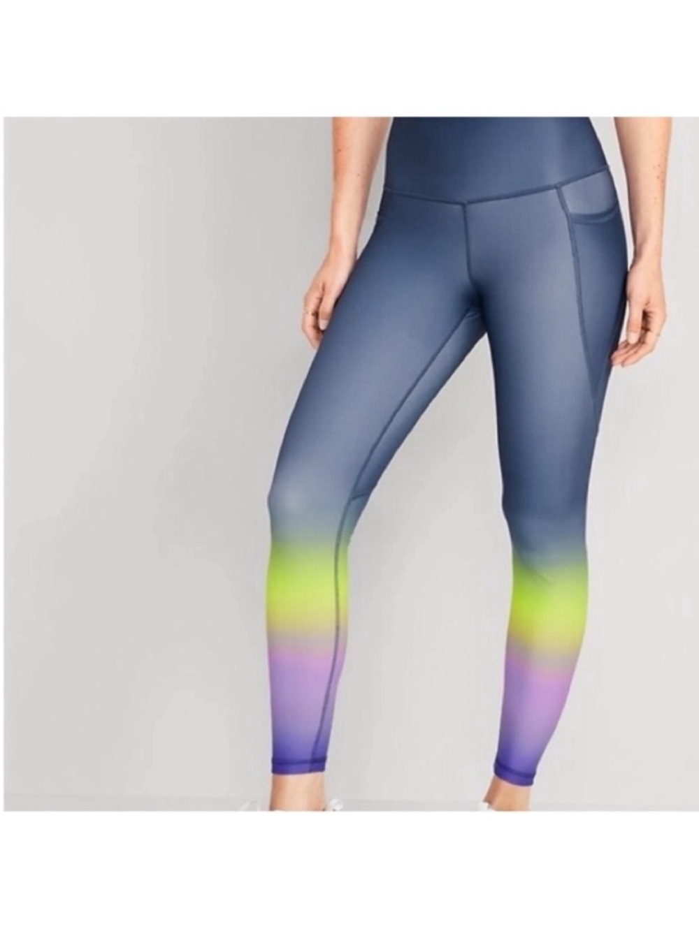 Old Navy Blue Ombre Leggings with Neon Yellow and Purple Bands L